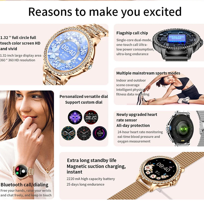 2025 New Fashion Women Bluetooth Call Smart Watch 1.32" AMOLED 360*360 HD screen