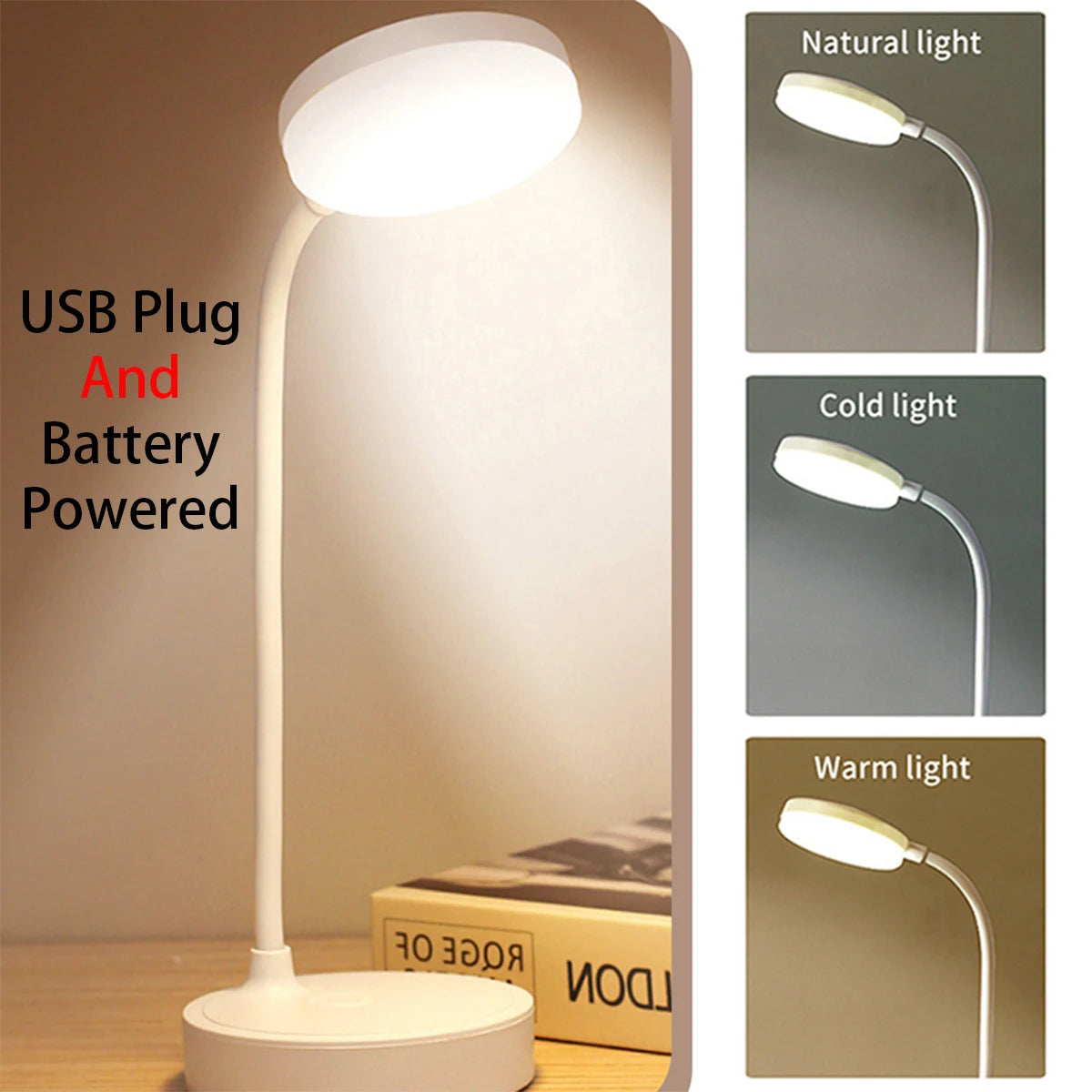 Portable LED Desk Lamp USB Plug Battery Powered